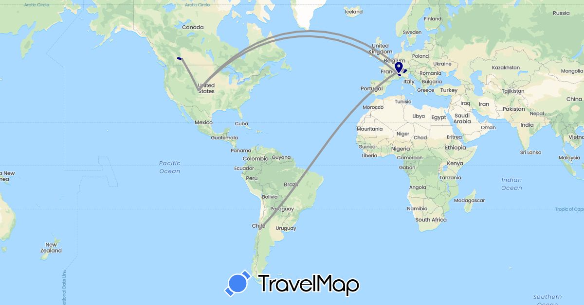 TravelMap itinerary: driving, plane in Austria, Canada, Switzerland, Chile, France, Italy, United States (Europe, North America, South America)